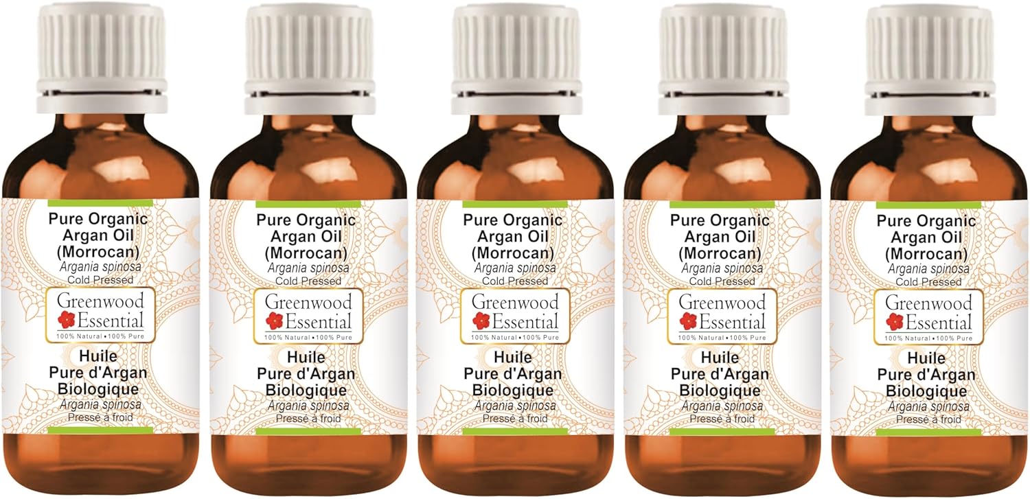 Greenwood Essential Pure Organic Argan (Moroccan) Oil (Argania spinosa) Cold Pressed (Pack of Five) 100ml X 5 (16.9 oz)